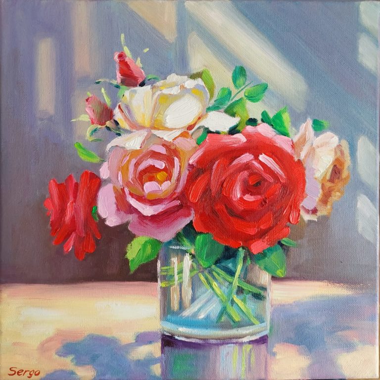 Букет роз в солнечном свете. 30×30 см. Художник Елена Серго