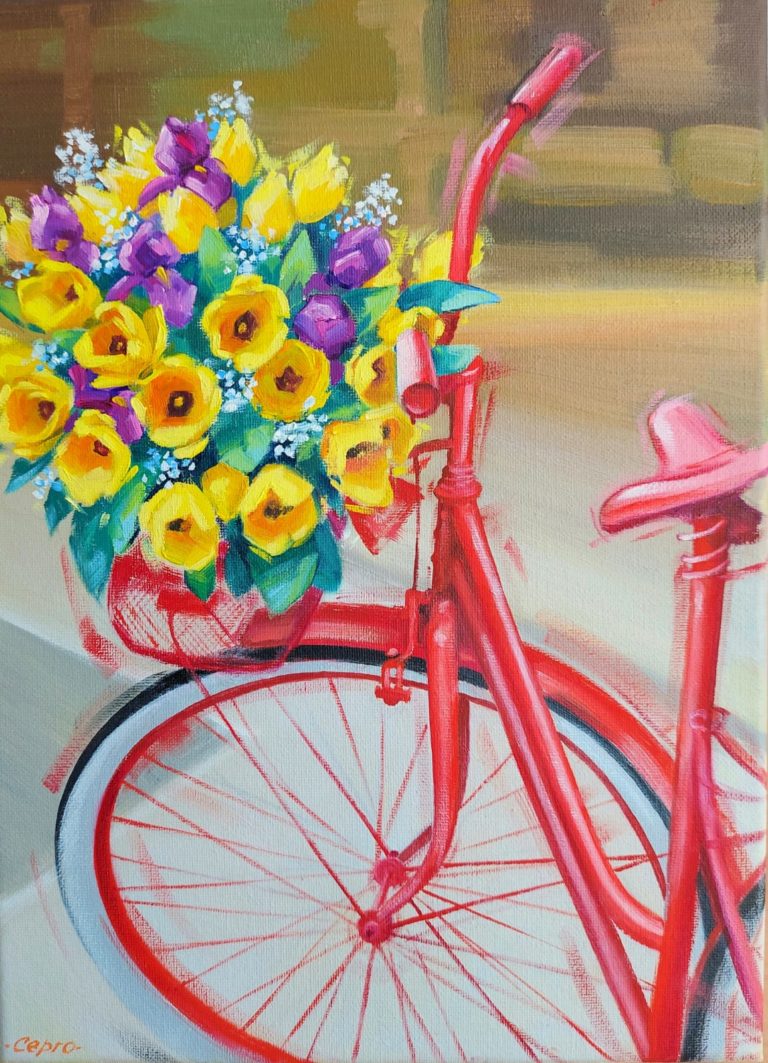 Картина с цветами “Доставщица цветов” 35×25 см.