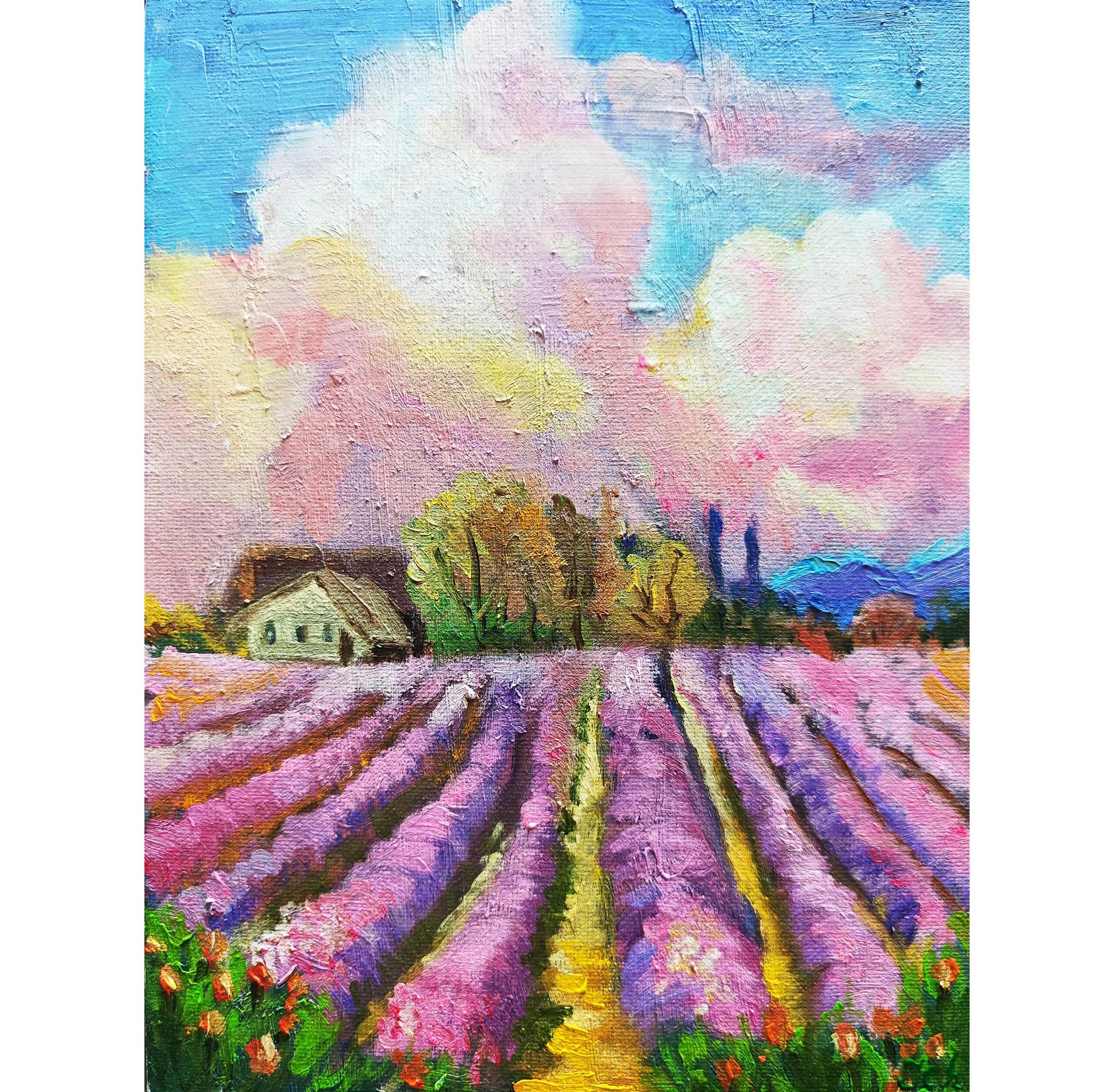 Картина маслом «Лавандовые поля у домика»18×24