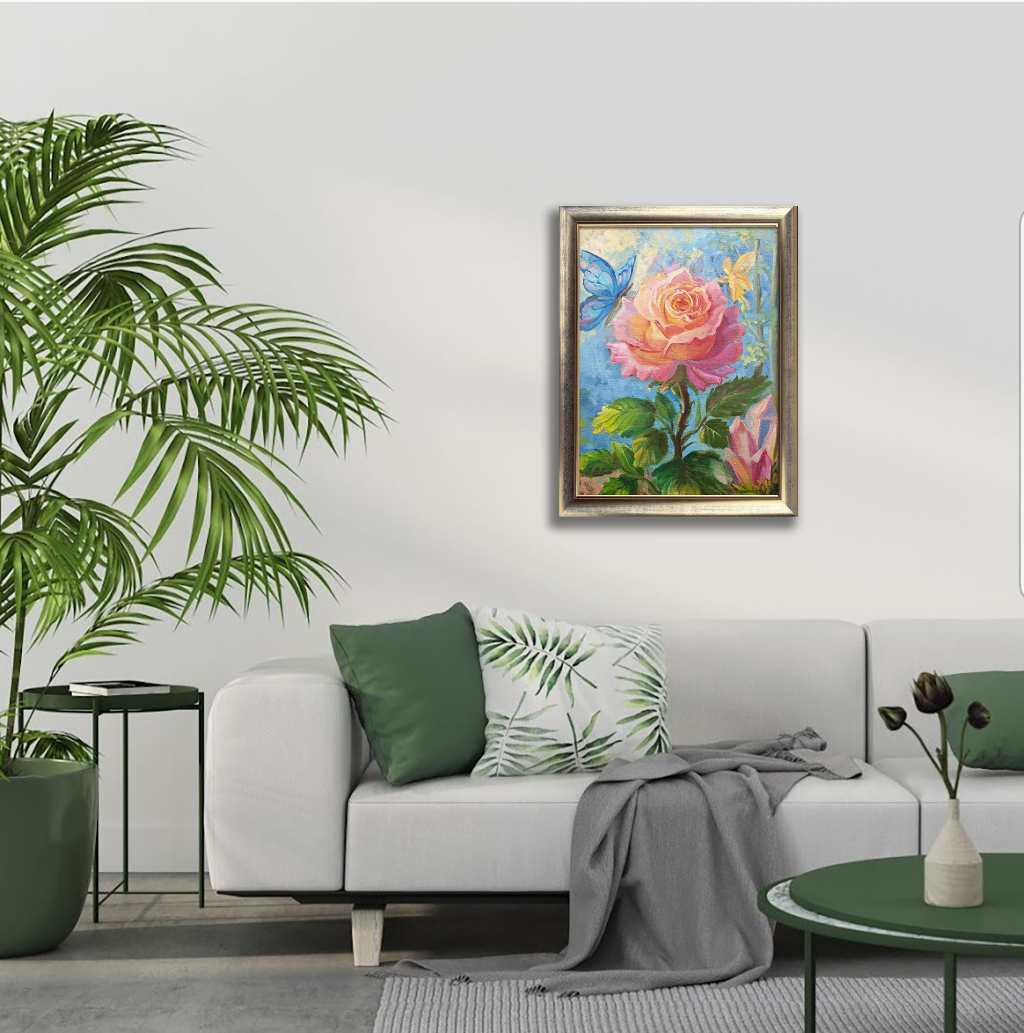 Картина роза и бабочка масло 30×40 см — изображение 3