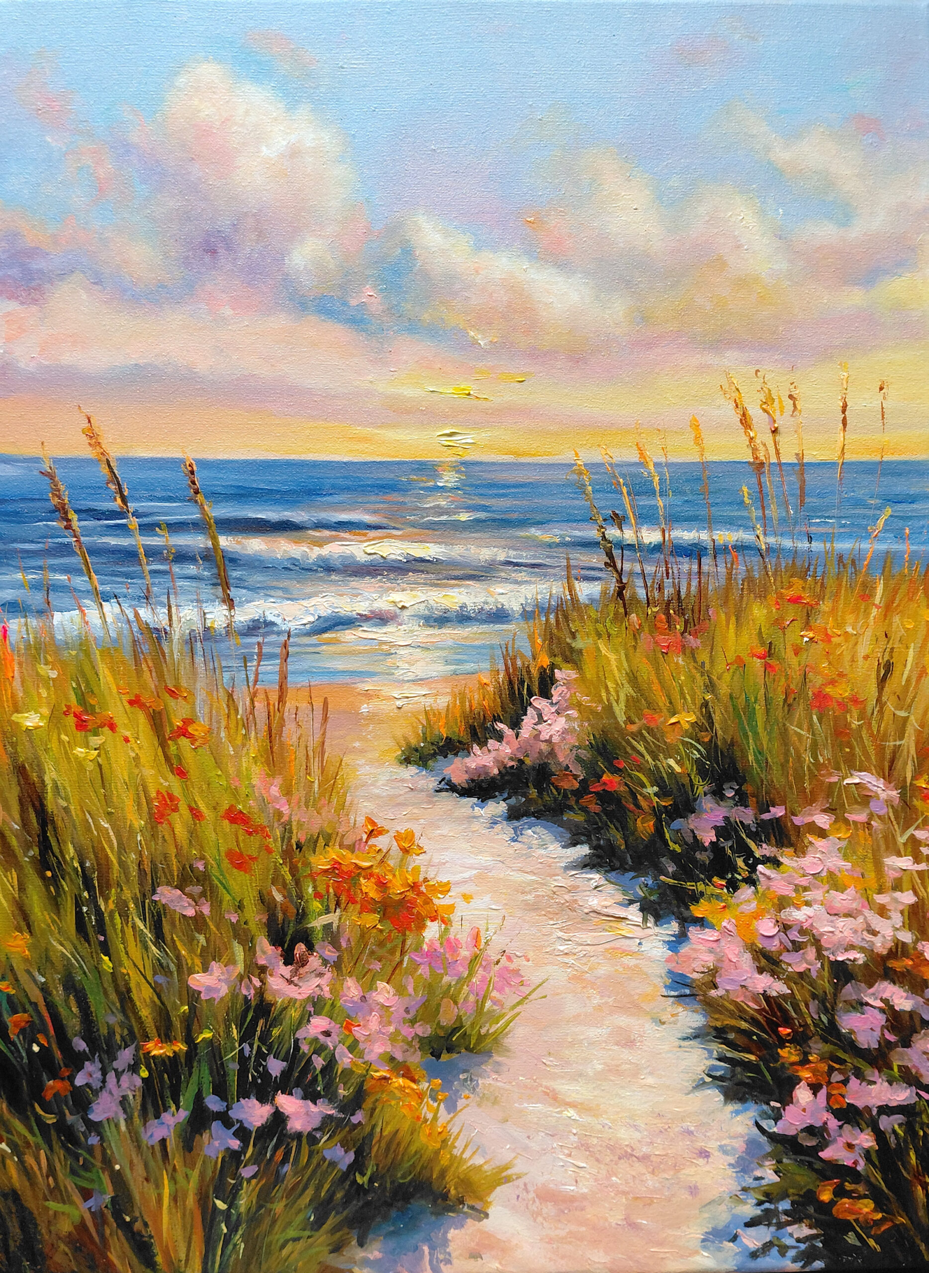 Картина маслом Закат на море, морской пейзаж масло