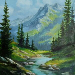 горный пейзаж, река, ели, скалы, горы