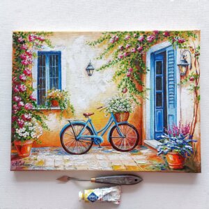Картина маслом Южный пейзаж Уютный дворик холст 30х40 Н.Савалей