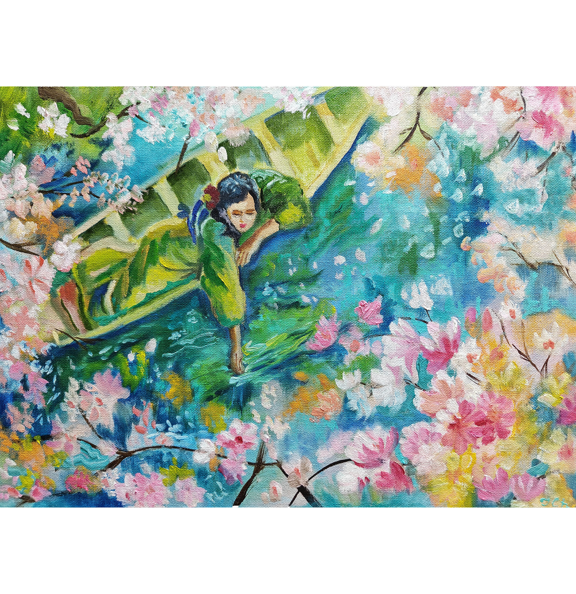 Картина маслом девушка в кимоно «Сон под сакурой» 30*40
