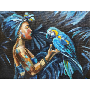 Девушка и синий попугай ара картина маслом 30×40