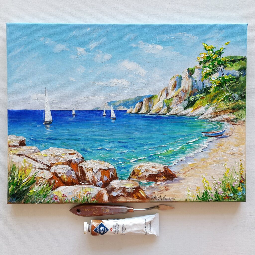 Картина маслом Морской пейзаж пляж парусники горы холст 30х40 Н.Савалей