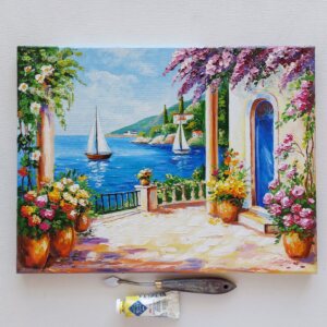 Картина маслом "Морской пейзаж, парусники, вилла, цветы" холст 30х40 Н.Савалей