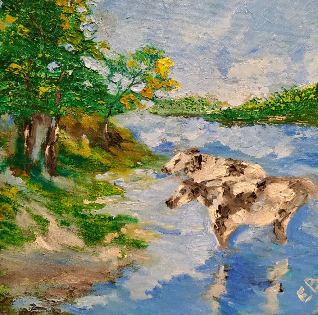 картина деревенский пейзаж с коровами маслом