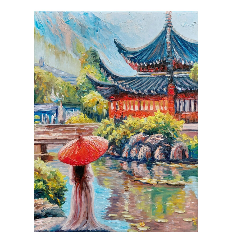 Картина Япония, японский сад, картина маслом 40/30 см, картина девушка