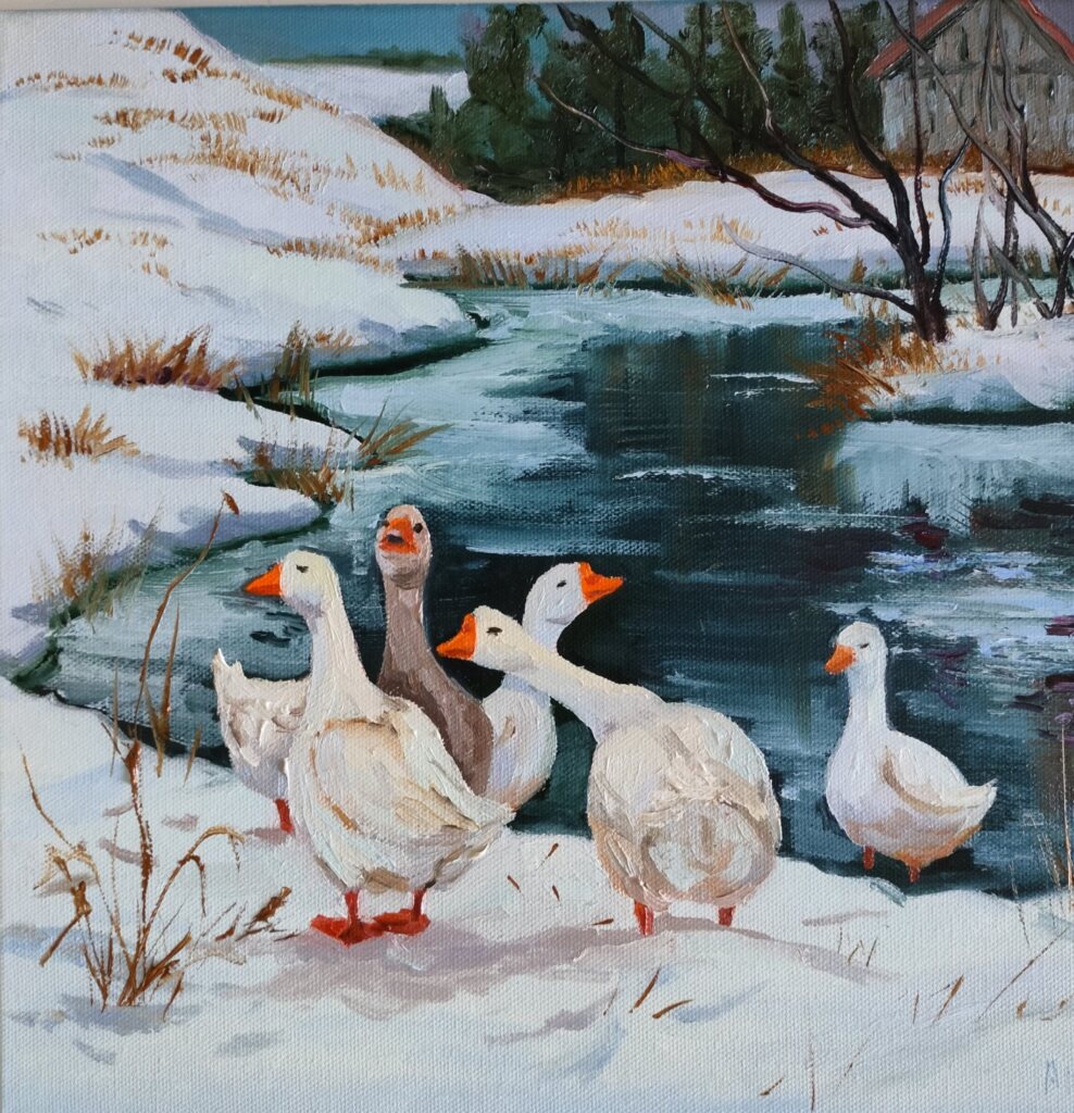 Картина маслом Гуси. Зимний пейзаж