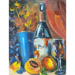 Картина маслом “Вечер с Pinot”: натюрморт с бокалом и фруктами 18×24