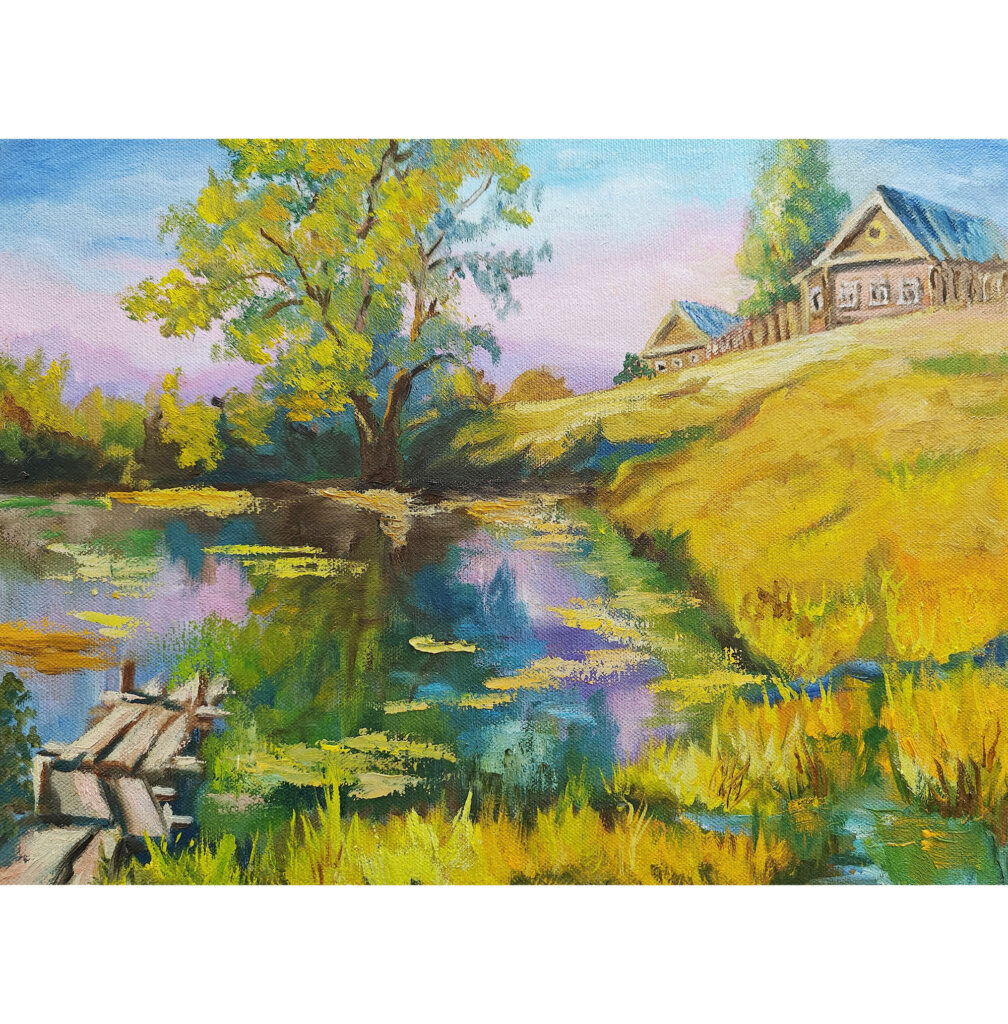 Осенний пейзаж с домом у пруда картина маслом 30х40