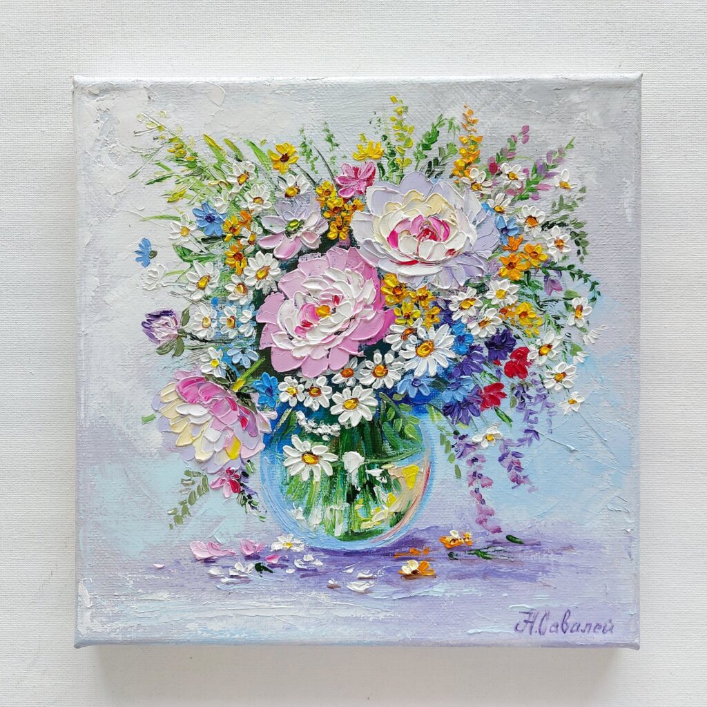 Картина Пионы и ромашки Букет цветов в вазе холст масло 20х20 Н.Савалей